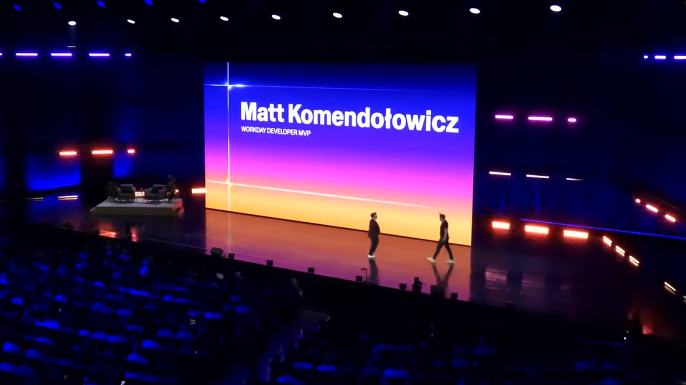 Matt Komendołowicz introduced on stage at the Workday DevCon 2026 opening keynote